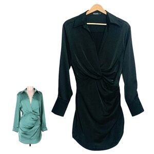 ETIQUETTE Black Satin Mini Dress Long Sleeve Twist Front V Neckline Small NWOT